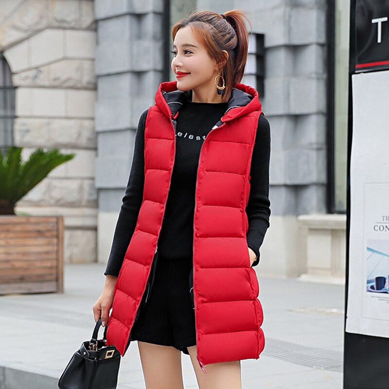 Winter Long Puffer Vest Cotton Padded Korean Style Slim Plus Size Hooded Both Sides Can Be Wear Casual Chalecos Para Mujer