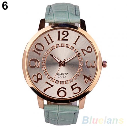 7 farver mænd kvinder store arabiske tal rhinestone indlagt kunstlæder rundt kvarts analogt armbåndsur ægte ingen vandtæt ！！: Lyseblå