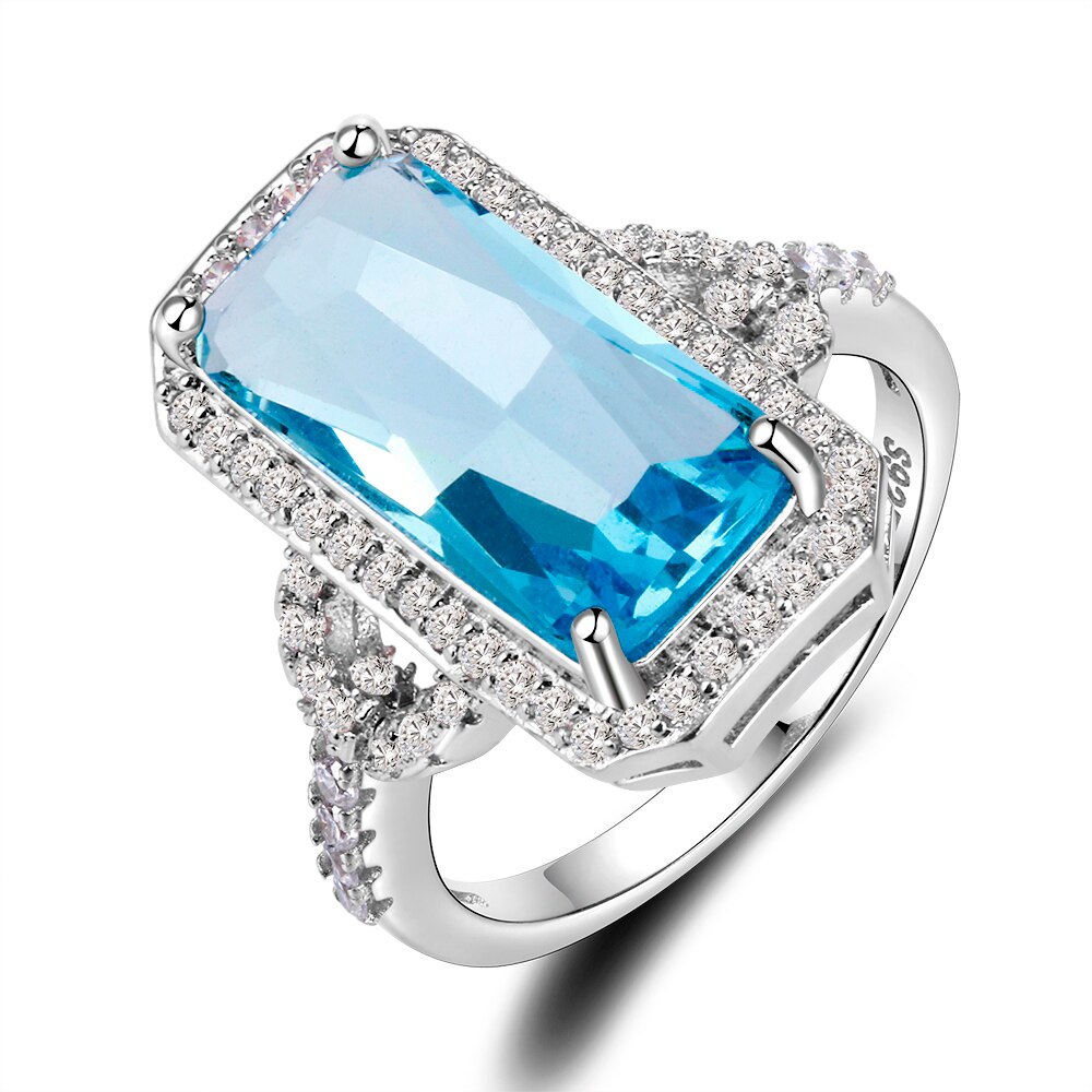 Silber Schmuck Ringe Für Frauen Rechteck Saphir Ring Mit Klaren Zirkon Steine 4,5g Täglichen leben Dekoration Zubehör