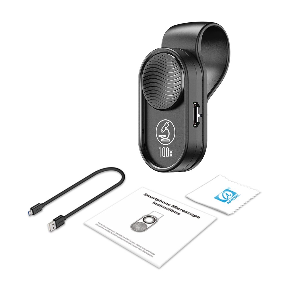 Apexel APL-MS001 mini portátil smartphone microscópio 100x ampliação embutido luz led com clipe universal