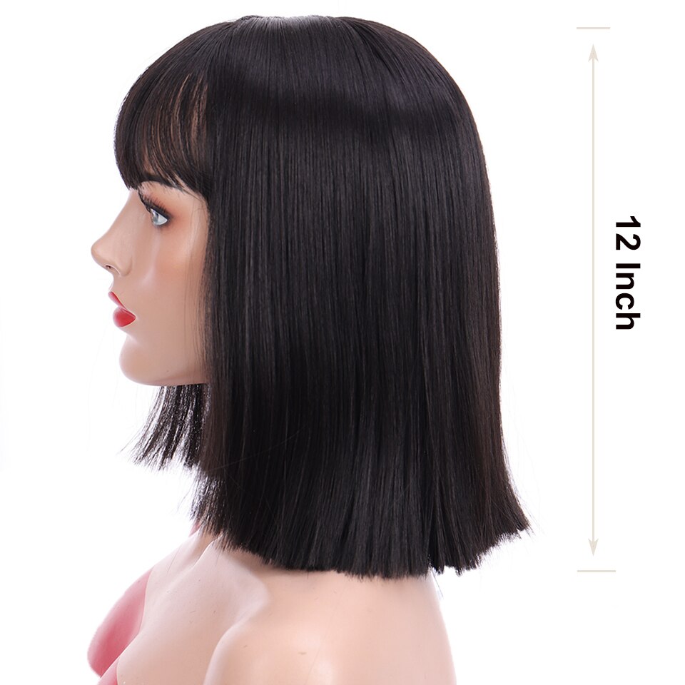 HOUYAN 12 inch straight short natural black wig with bangs women bob medium length heat resistant wig