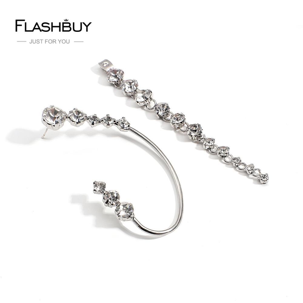 FLASHBUY Single Korean Rhinestone Earrings Shiny Drill Arc Ear Hanging Clip Earrings for Women Minimalist Ear Cuff