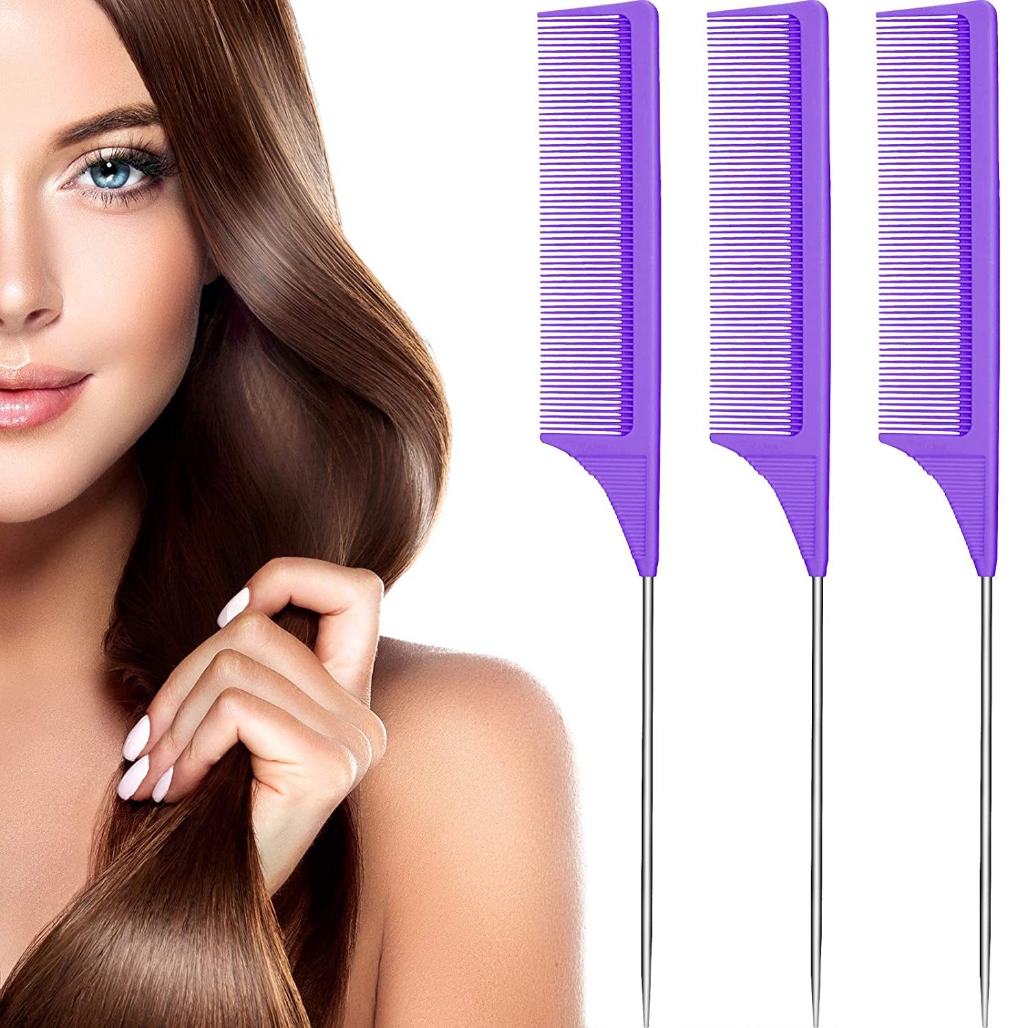 Peigne queue de Rat en acier, 3 paquets, peigne taquin résistant à la chaleur en Fiber de carbone avec queue de Rat en acier inoxydable: Violet