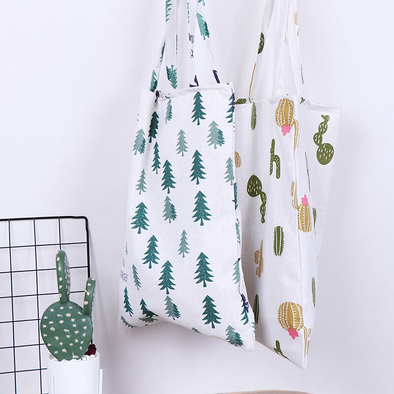 1pc Pine Cactus Linen Bag Tote ECO Shopping Outdoor Canvas Shoulder Bags Casual Tote for Ladies Large Capacity