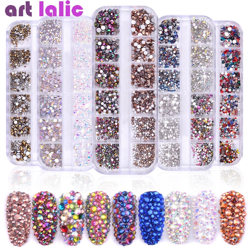 1 doos Multi Size Glass Nail Rhinestones Gemengde Kleuren Platte achterkant AB Crystal Strass 3D Charm Gems DIY Manicure nail Art Decoraties
