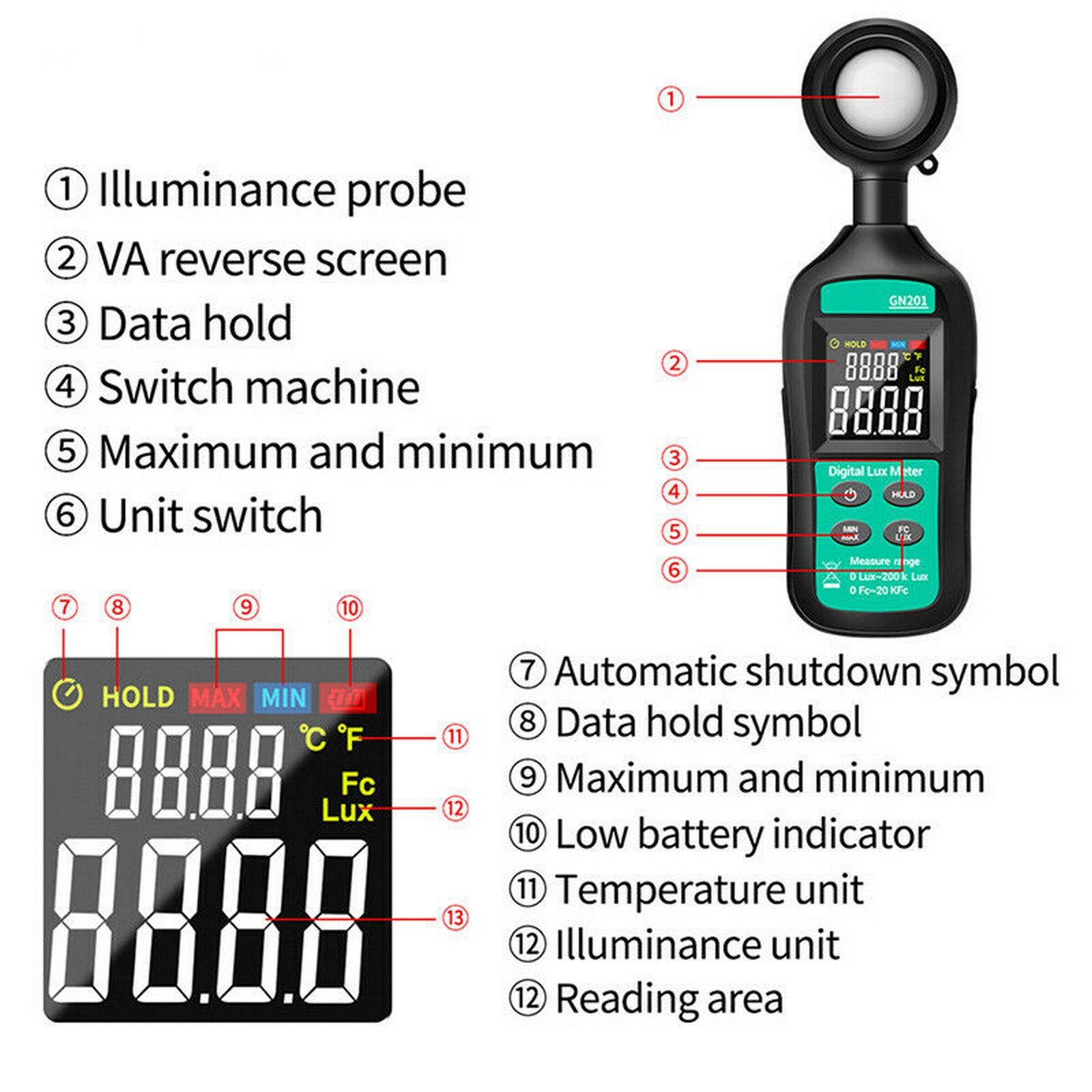 Lux Meter Digital Luxmeter Luxometer LCD Light Meter Handheld Split Type Illumination Photometer