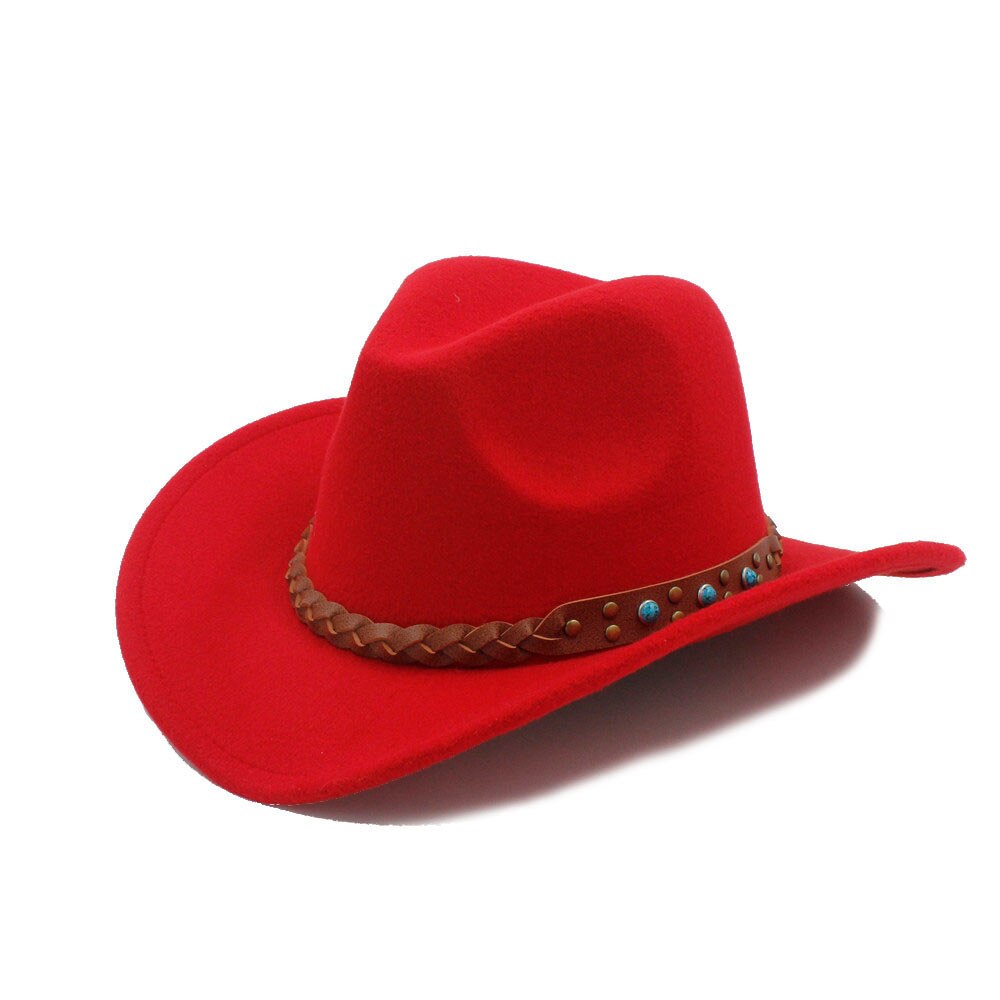 Luckylianji uldfilt vestlig cowboy hat til barn barn bred skygge cowgirl kallaite fletning læderbånd (størrelse :54cm, juster reb): Rød