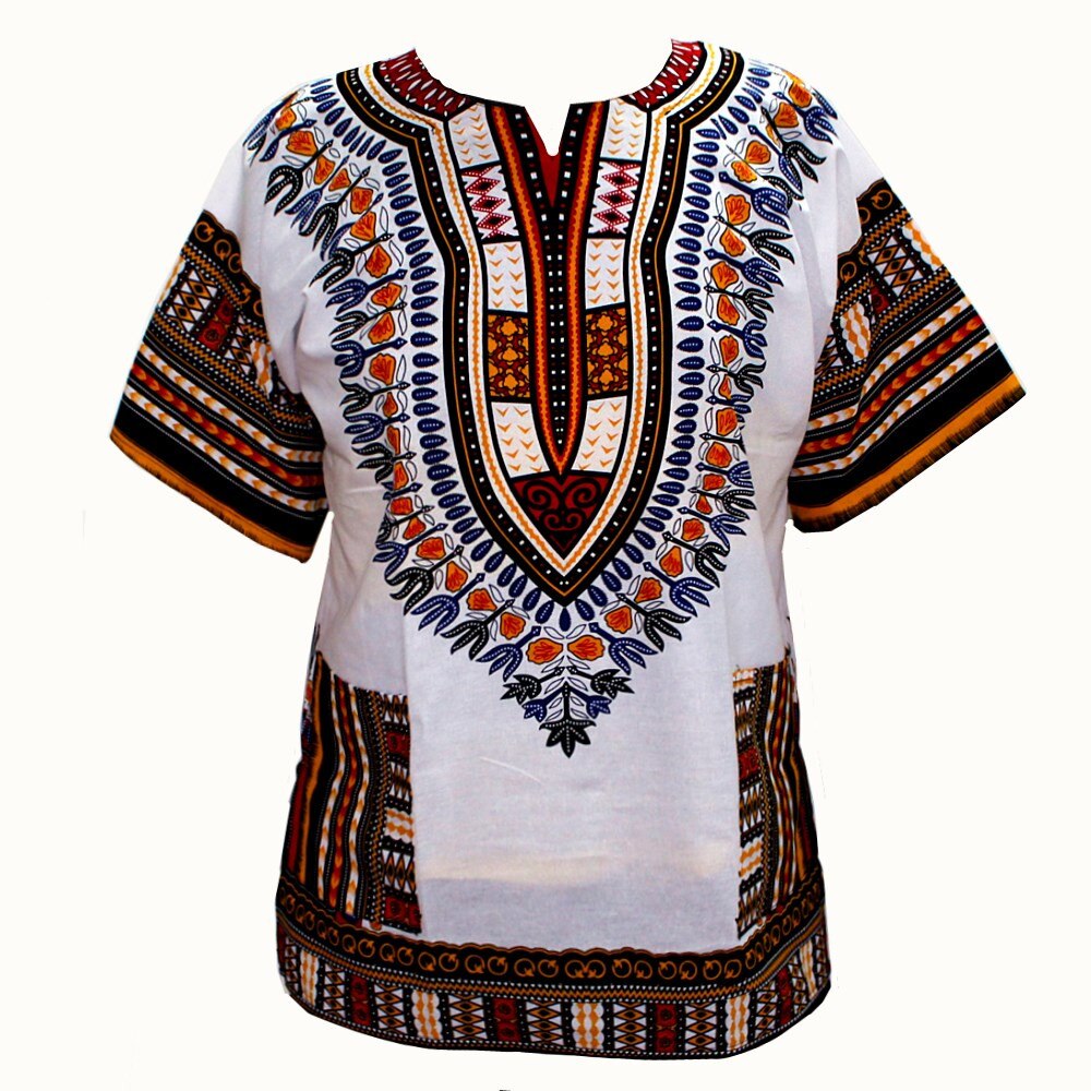 100% Katoen Afrikaanse Traditionele Print Korte Mouw Dashiki Kleding voor Mannen: WHITE