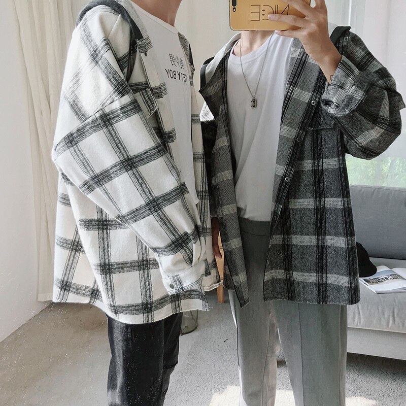 Overshirt herr höst ledig lös långärmad huva yllejacka kläder streetwear manlig rutig skjorta ytterkläder man
