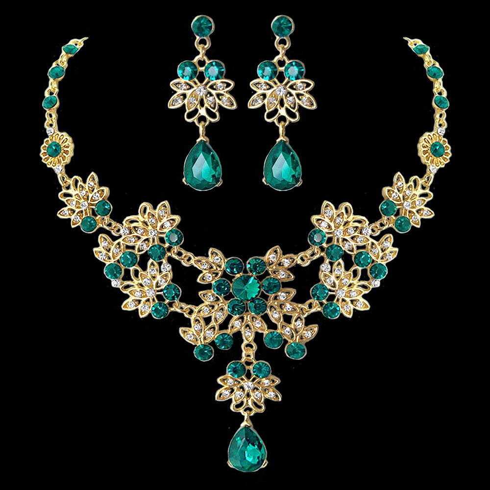 Conjunto de joyas para novia, Set de joyas de cristal, Tiara, corona, pendientes, Gargantilla, collar, boda, Dubái, oro, rojo, azul, verde, Barroco: 2Pcs Green Jewey Set