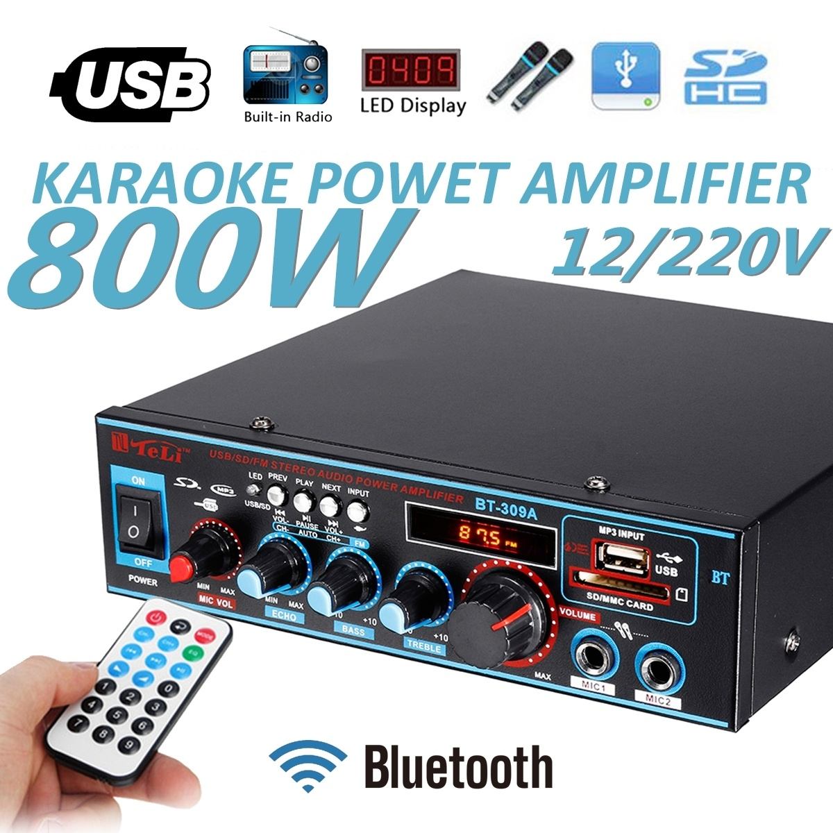 800W Audio Power Amplifier bluetooth HiFi Stereo Hi-Fi Amplifier FM Radio Home Theater Karaoke Amplifier with Remote Control