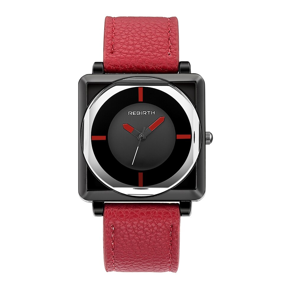 Reloj REBIRTH para mujer, relojes cuadrados de pulsera para mujer de la mejor , relojes de pulsera de cristal de cuero contraído, relojes de pulsera de cuarzo para mujer, reloj relog: Rojo