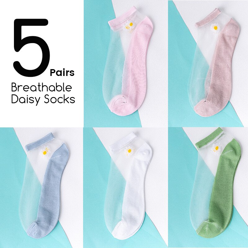 5Pairs/Lot Women Socks for summer Ultra-thin Transparent Cass Glass fiber Silk Socks daisy Flower Japan Ankle Socks: 373-daisy