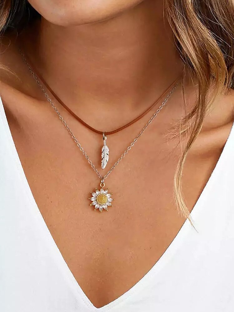 2 -piece set harajuku punk jewelry sunflower cross pendant necklace two layer women's choker long chain necklaces: Style a