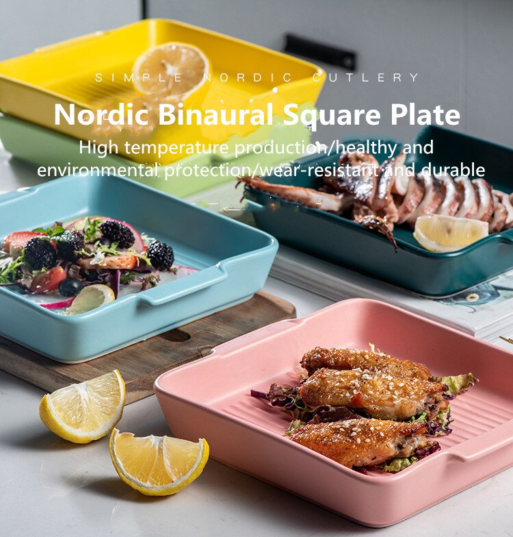 Hotel Home Kitchen Square Ceramic Dinner Plate Fruit Salad Binaural Square Plate Pasta Snack Square Plate