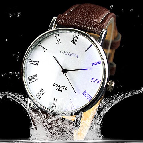 Männer Uhr Römischen Ziffern Blu-Strahl Faux Leder Band Quarz Analog Geschäft Armbanduhr