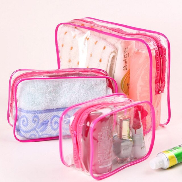 Ruputin 3 stuks/set transparante dames cosmetische tas pvc reisorganizer tas rits make-up tas badkamer waterdichte waszakken: Kleine roos rood