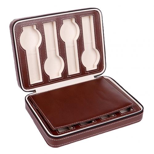 Zippered Leather Watch Display Case 2/4/8 Grids Watch Storage Bag Case Holder Watches Organizer Box: Coffee 8Grids