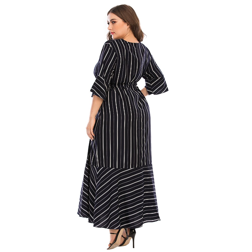 Plus koko -nainen mekko syksyn leimahdus kolme neljäsosaa hihat raidallinen printti rento mekko vyö tilkkutäkki maxi pitkät mekot