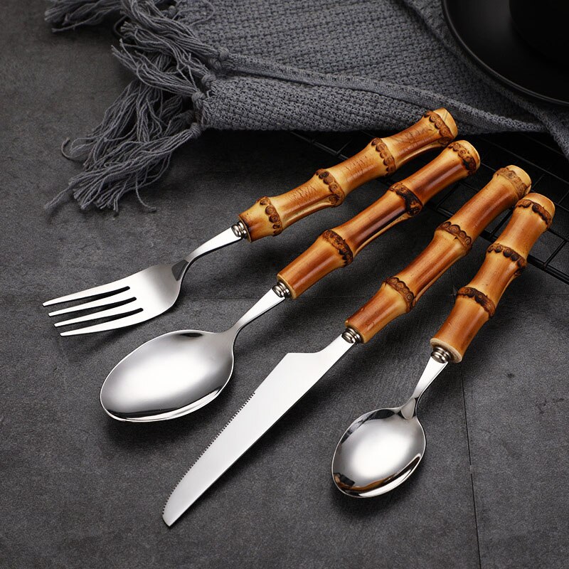Juego de cubiertos con mango de bambú Natural, vajilla de acero inoxidable, vajilla de cocina, incluye tenedores, cucharas, cuchillos