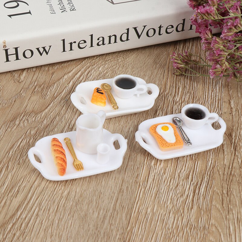 1:12 Dollhouse Miniatuur Ontbijt Sets Hamburger Croissant Toast Ei Koffie Met Lade Keuken Voedsel Accessoires