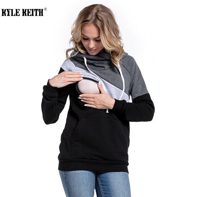 Plus Size S-2XL Womens Breastfeeding Maternity Nursing Hoodie Sweatshirt Long Sleeve Patchwork Zipper Pullover Top