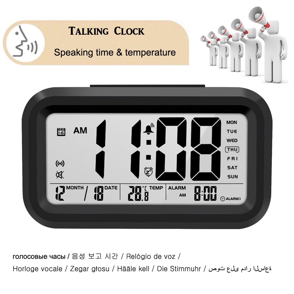 Réveil numérique avec thermomètre et rétro-éclairage, horloge parlant, temps et température