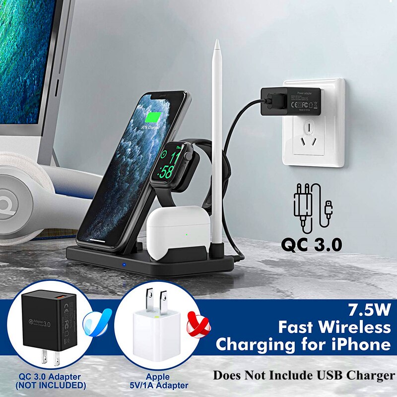 Estación de acoplamiento de cargador inalámbrico rápido para iphone 4 en 1X11 12, estación de carga rápida para Apple Watch 2, 3, 4, 5, Airpods Pro
