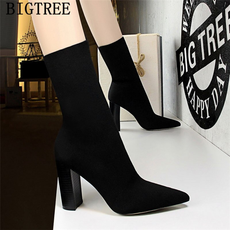 Bigtree Schoenen Vrouwen Enkellaarsjes Breien Schoenen Vrouw Sokken Laarzen Schoenen Botas Mujer Invierno Dikke Hak Hakken Buty