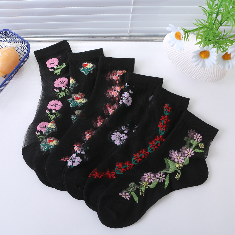 6 paar ultracomfortabele luxe gebloemde kanten sokken - 3D-getextureerd, antislip middenbuisontwerp, ademende dameskousen en kousen