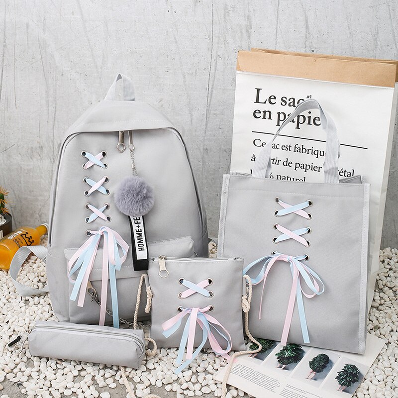 Sac À Dos En Toile populaire Femelle Arc Ruban Campus Étudiant Sac À Dos Décontracté Enfants Emballage De Quatre pièces: gray