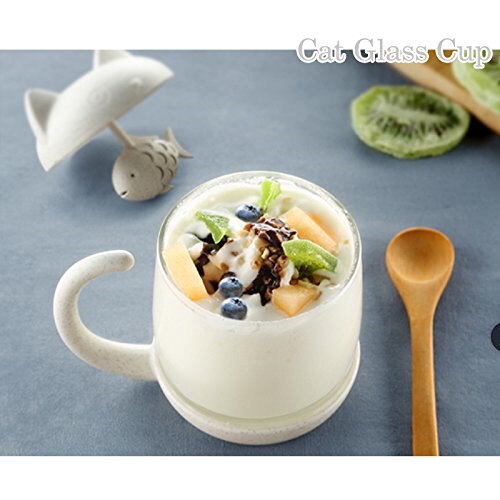 Cat/Monkey Glass Tea Mug Cup with Fish Tea Infuser Strainer Filter 250ML (White)