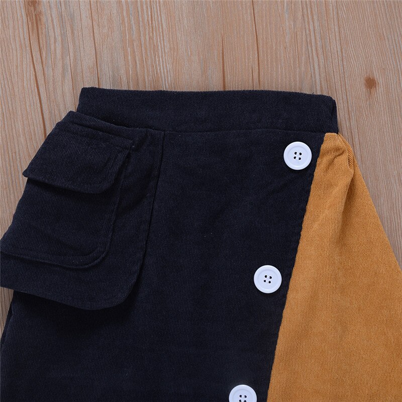 2-7y efterår vinter børn pige fløjls nederdele patchwork lommeknapper a line kort nederdel outfit