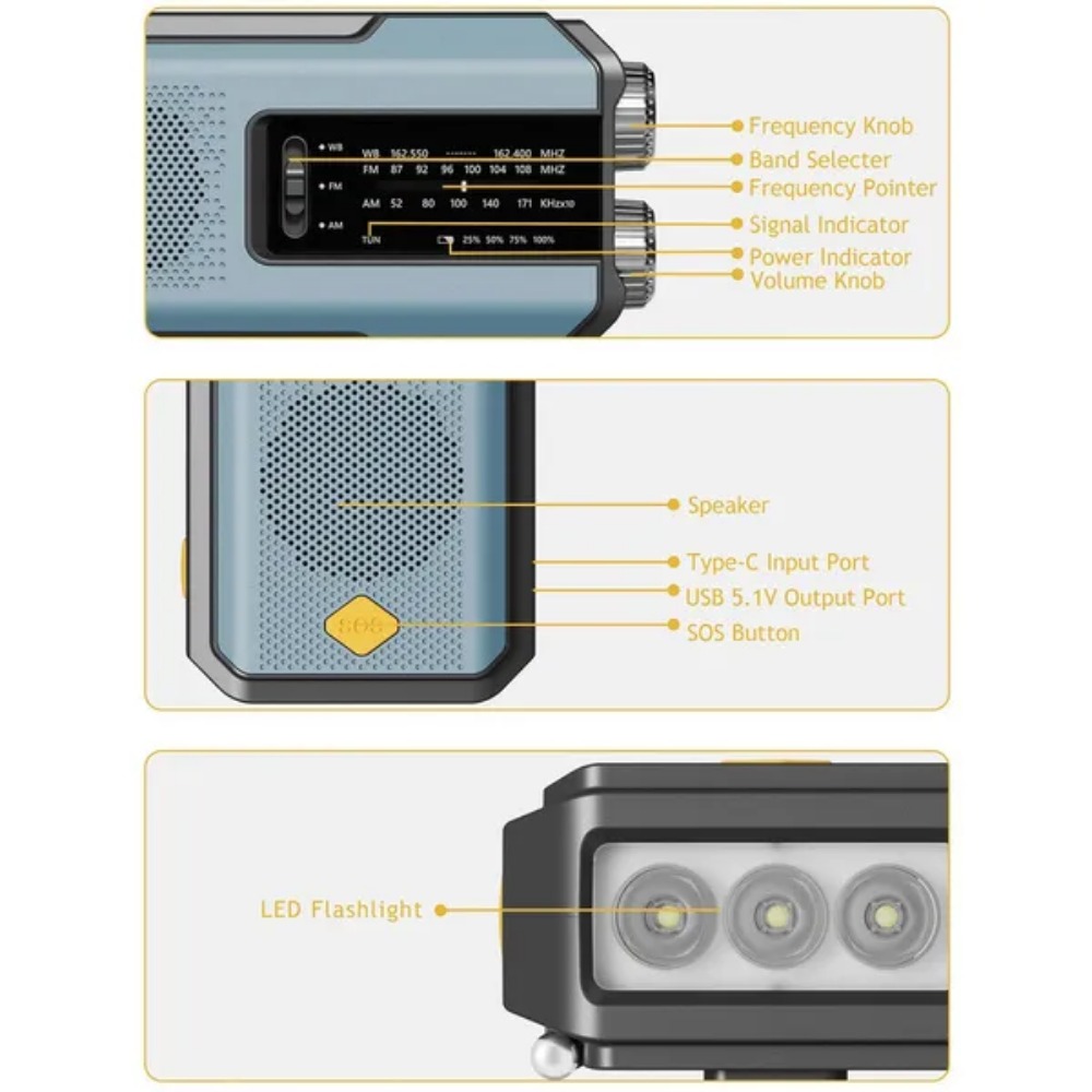 Rádio meteorológico de emergência multifuncional rádio fm am wb manivela solar carregamento usb 2000mah power bank lanterna led tocha
