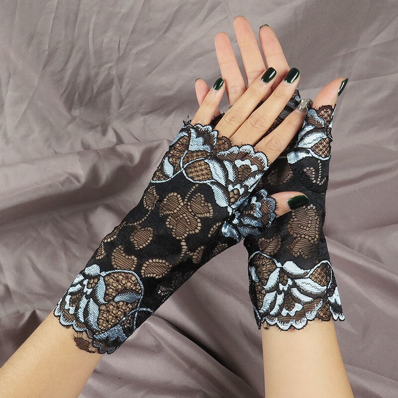 Gants de danse de marin d'été longs sans doigts pour femmes, Sexy, demi-doigt en dentelle, en résille, élégants, mitaines en maille: Light Blue