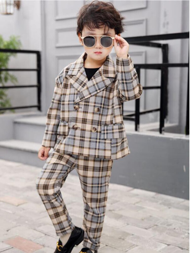 3-11y blazer per pantaloni per bambini 2 pezzi set autunno primavera ragazzi giacche per abiti Casual Plaid doppio petto abiti da sposa per bambini H78