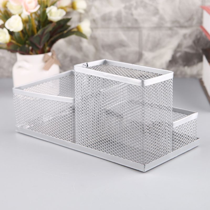 Metal Mesh Desk Organizer Pen Pencil Storage Holder with 3 Compartments for Home Office Students Supplies Accessories L29K