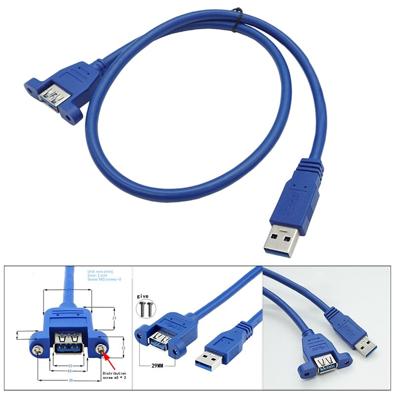 USB3.0 Male to Female Extension Cord with Nut Screw Hole with Ear USB Data Cable