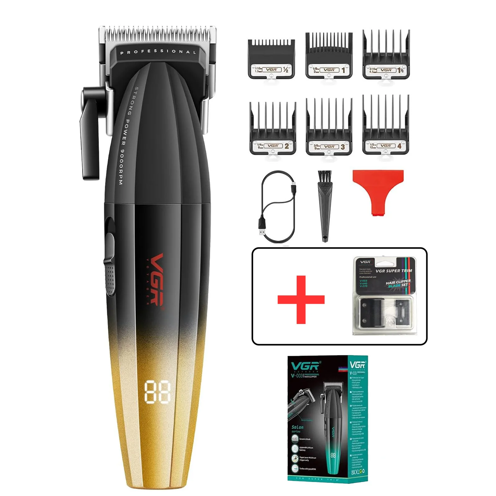 Vgr 003 906 profissional fade máquina de cortar cabelo sem fio aparadores para homens conjunto carga usb display led kit corte cabelo: YELLOW
