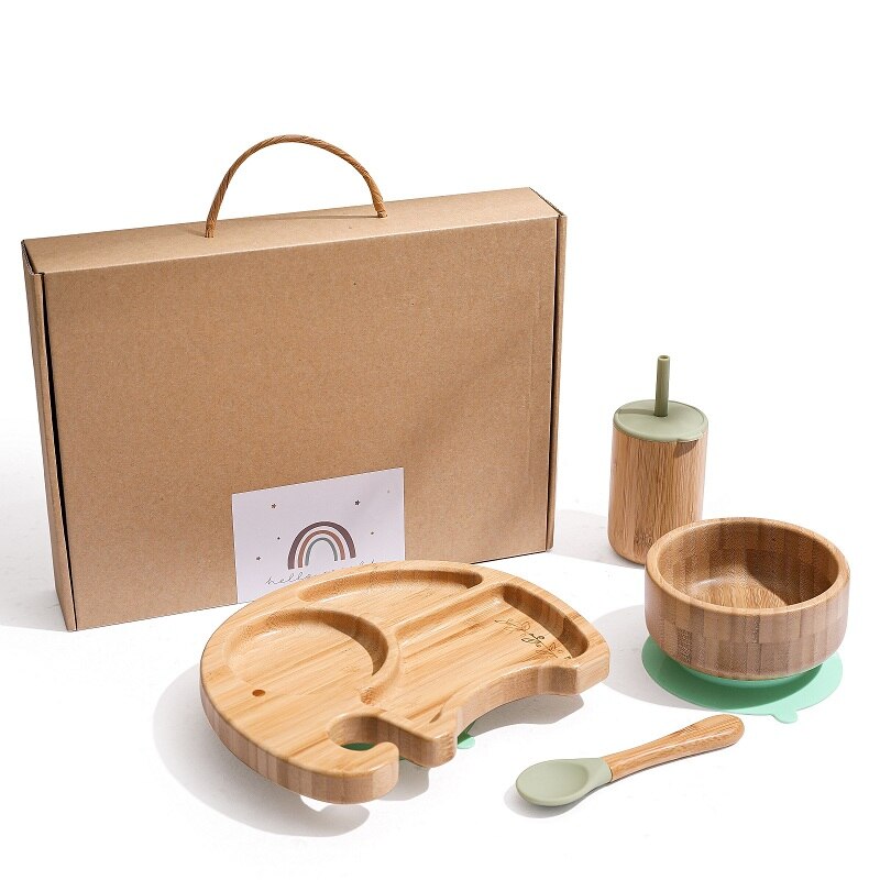 Vaisselle en bois de bambou, accessoires d&#39;alimentation pour bébé, assiette à dîner animaux de dessin animé éléphant avec ventouse, d&#39;anniversaire pour bébé 1 ensemble: green with box