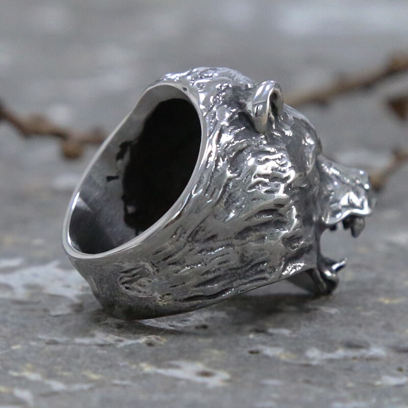 Anillo de cabeza de oso vikingo moderno, anillo cabeza de Animal Punk motorista de acero inoxidable dominante, anillos de oso eslavo para hombres, , tamaño 8-13