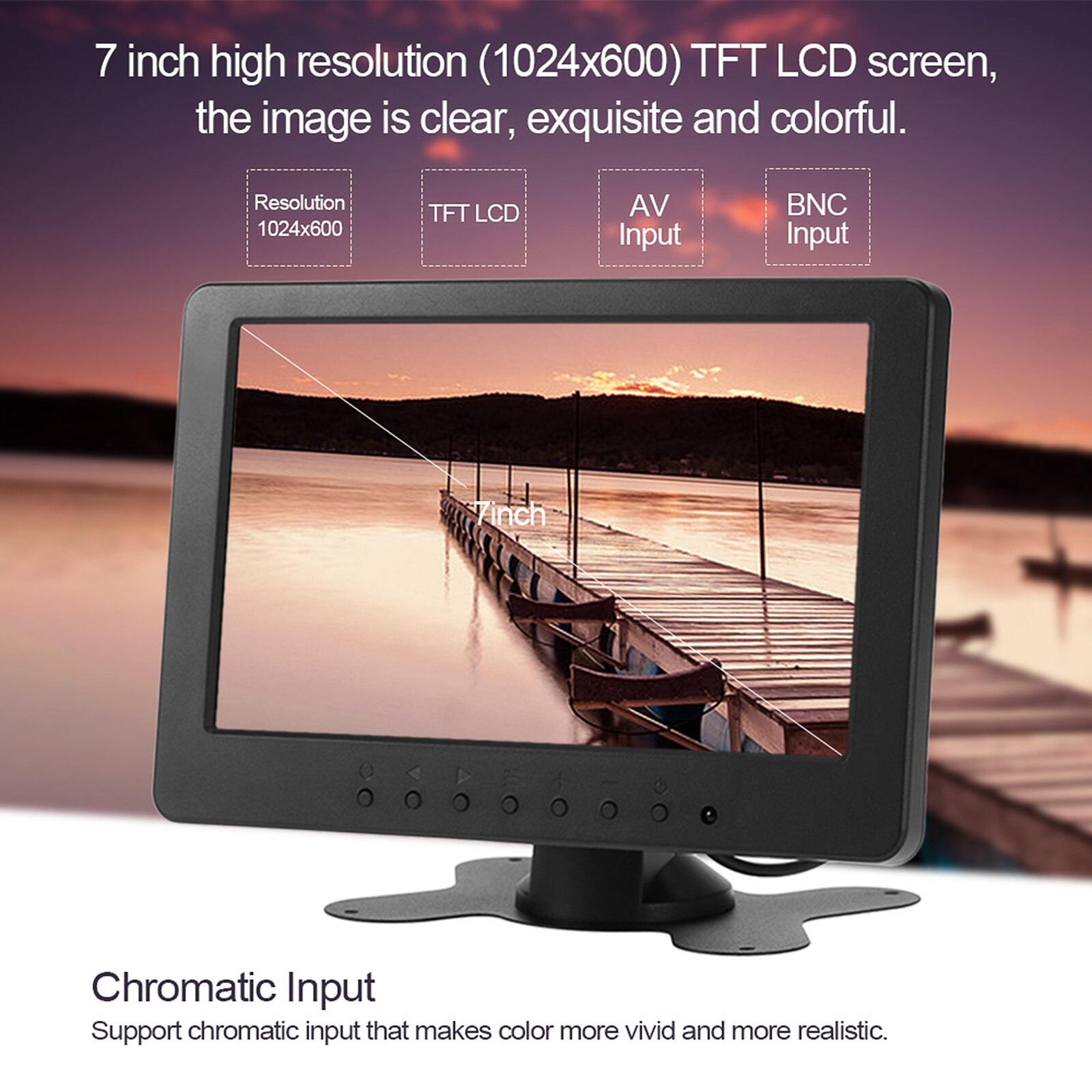 Monitor portátil S701 para coche, de 7 pulgadas pantalla TFT LCD Digital, 16:9, BNC AV, entrada de vídeo de 2 vías, 1024x600, BNC, Audio de vídeo AV para el hogar