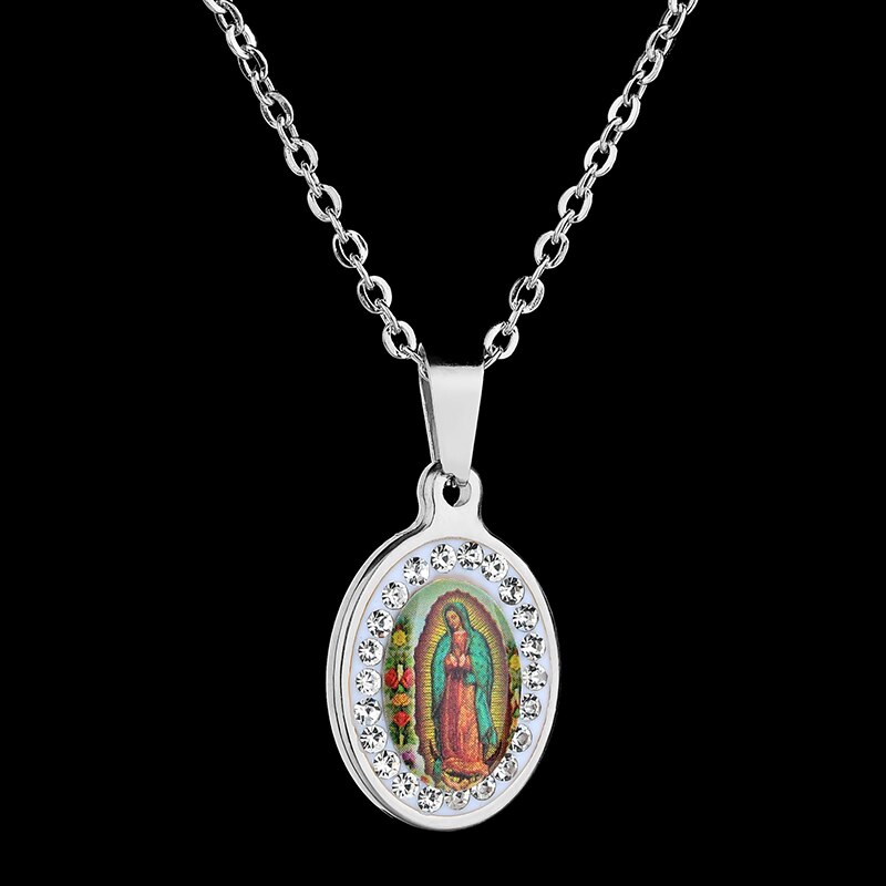 Uzone religiøs jomfru maria vedhæng amulet halskæde rustfrit stål kristne smykker cz sten bøn halskæder til kvinder krave: Stål