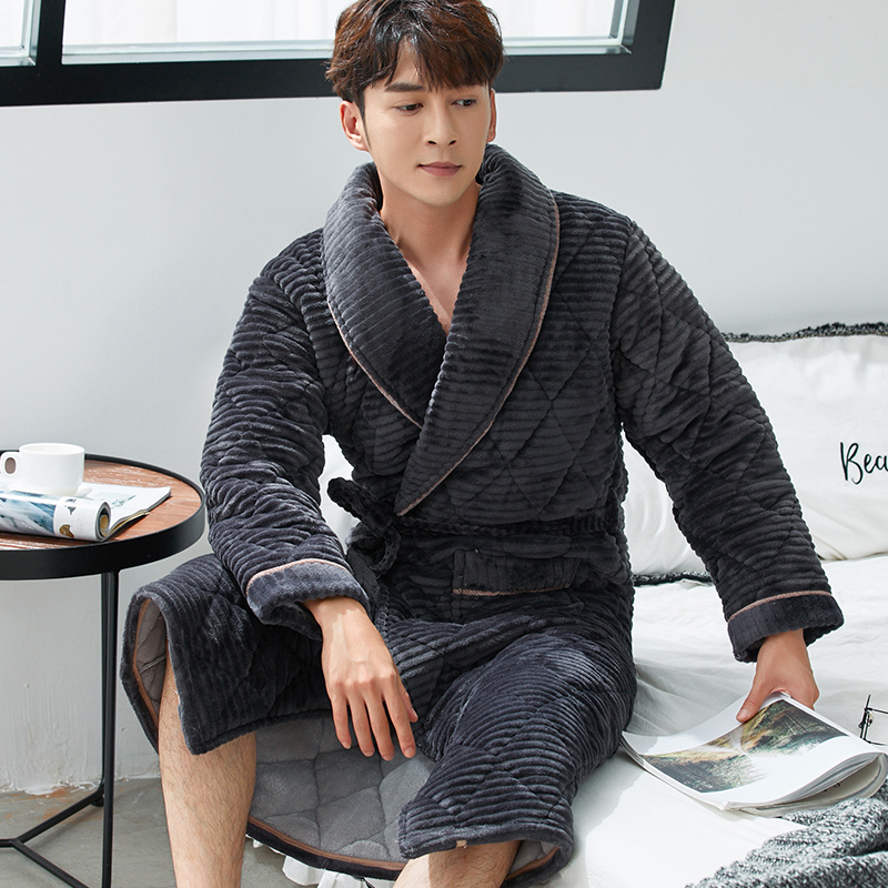Winter 3 Layers Thick Bath Robe Men Bathroom Robe Bathrobe Male Quilted Pajamas Thick Long Spa Robe Shower Homewear Coral Fleece