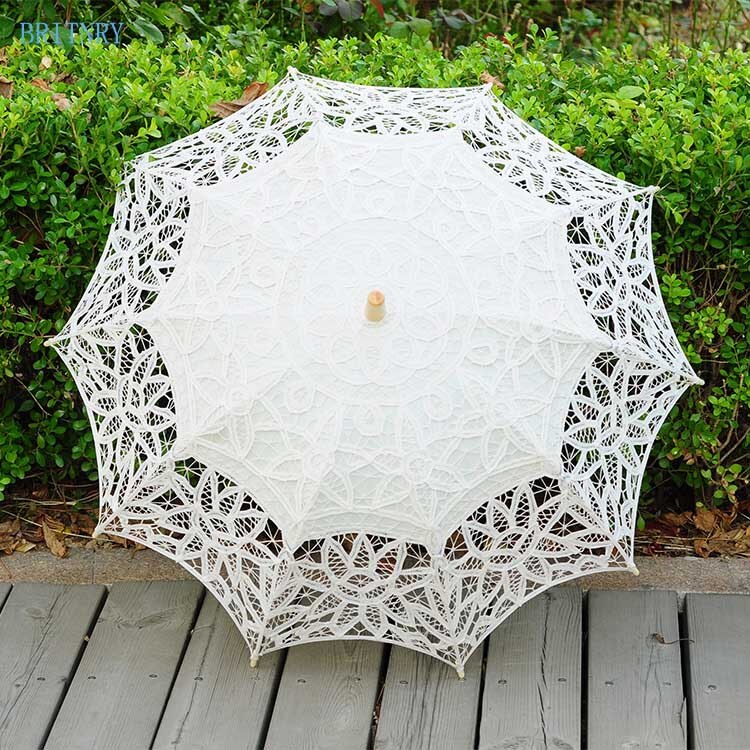 Britnry sol bryllup paraply blondere hvit beige svart paraply broderi parasoll brud paraply