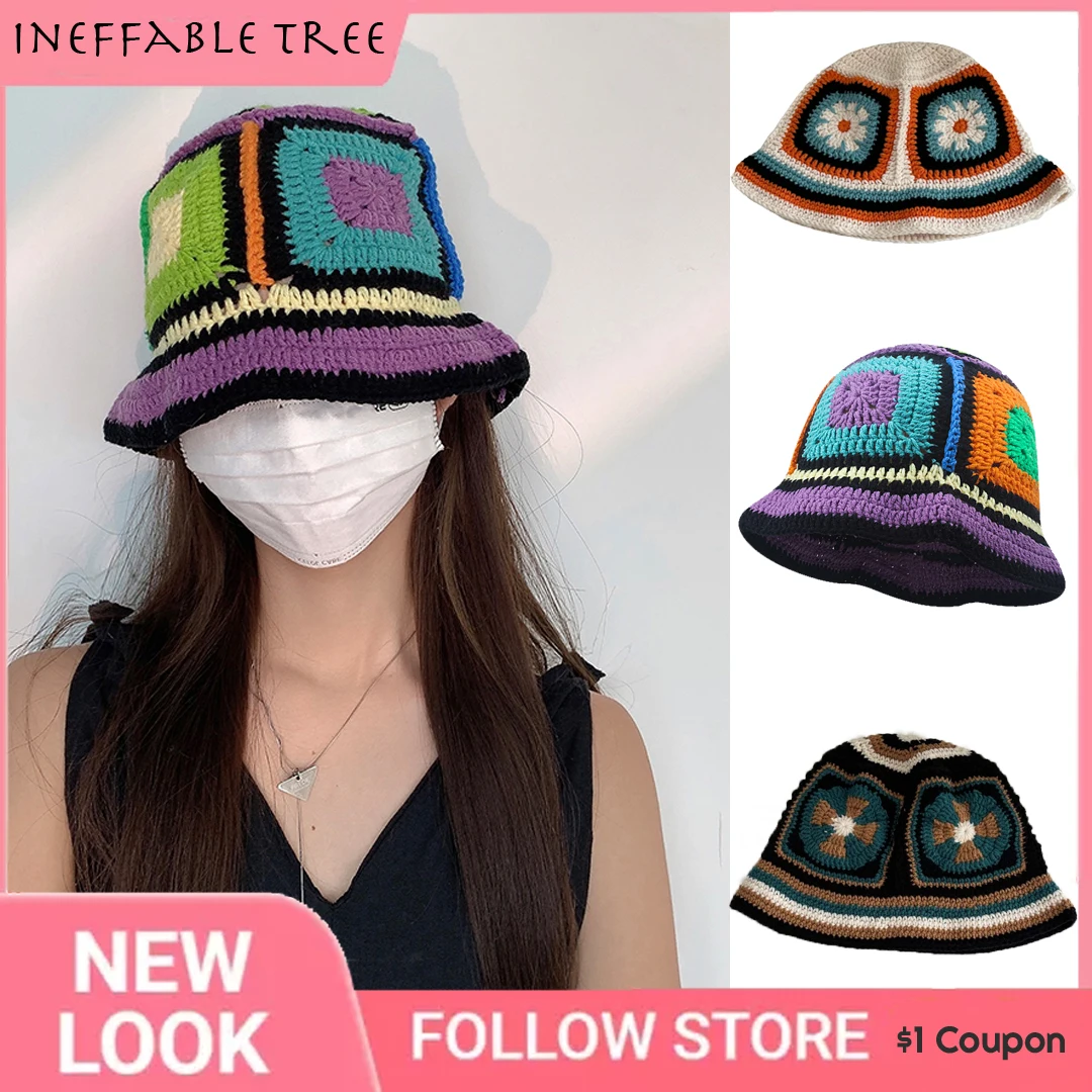 INS Korea Handmade Crochet Bucket Hats for Women Y2k Vintage Summer Beach Hat Flower Hollow Knitted Bob Sombreros Bonnet Caps