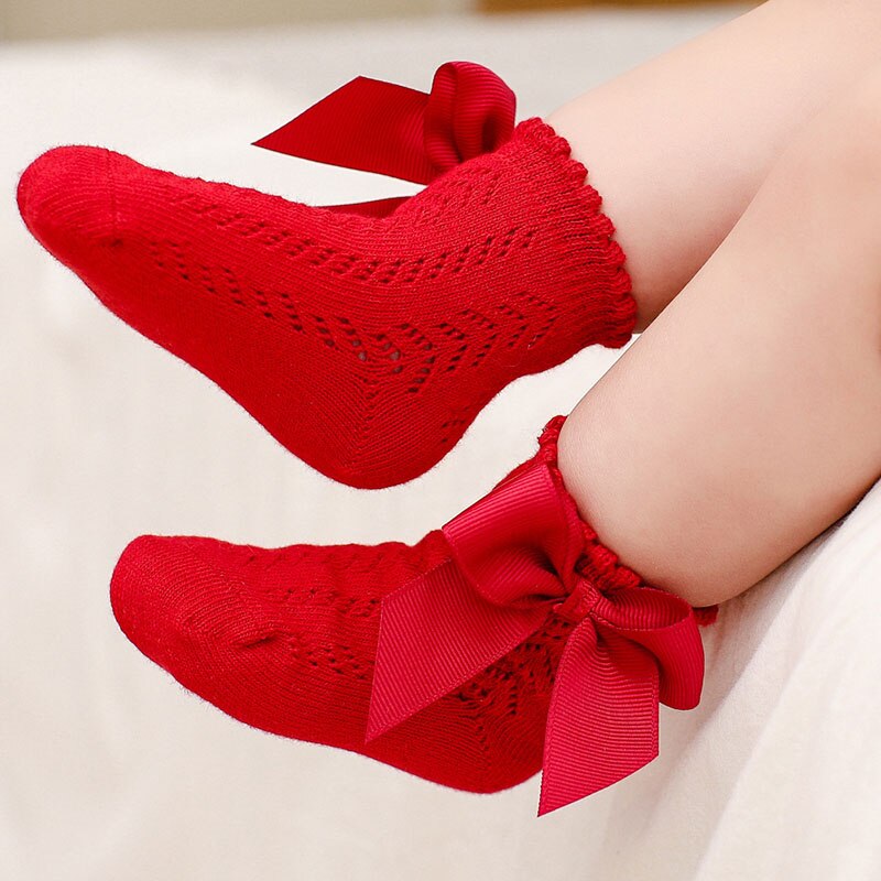 Cute Bowknot Baby Socks Newborn Summer Soft Cotton Baby Girls Socks Solid Color Breathable Kids Mesh Socks: red