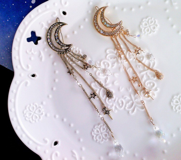 Charmerende krystal måne hår klip kvaster langt hår tilbehør femme bijoux
