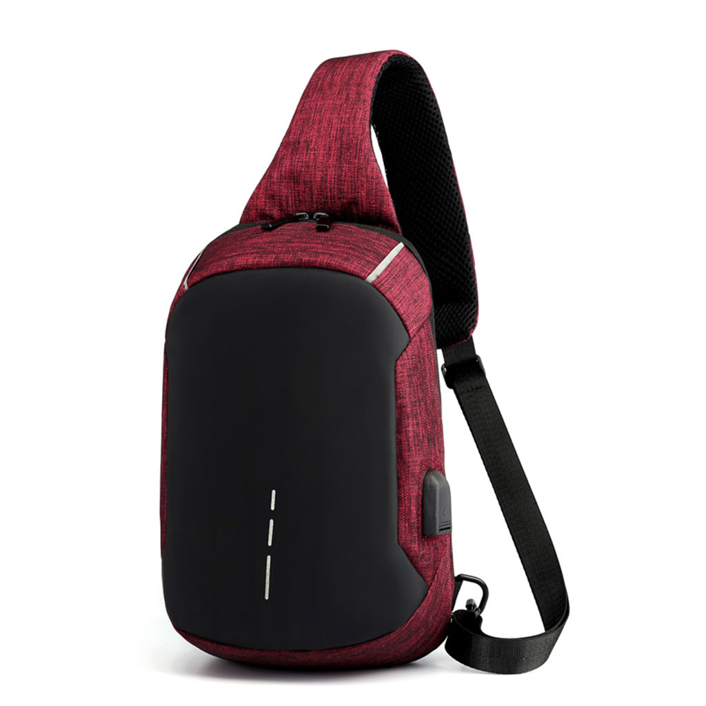 38# Men Bag Multifunctional Waterproof Chest Pack Usb Charging Interface Sports Outdoor Shoulder Crossbody Bag Bolso Hombre: Wine  Red