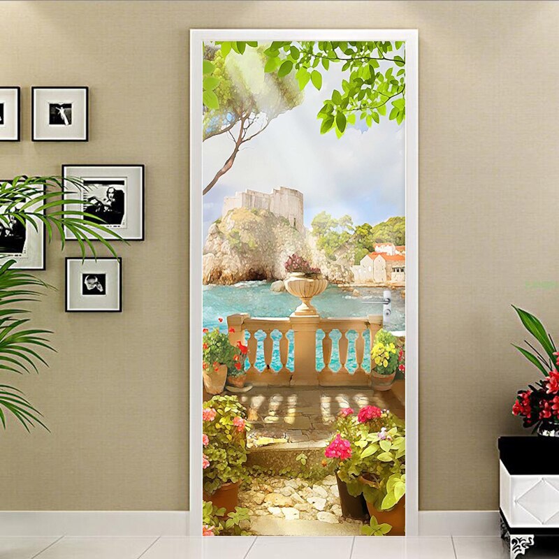 Door Sticker 3D Sea Landscape Oil Painting Mural Wallpaper PVC Self-Adhesive Waterproof Door Decoration Papel De Parede Stickers